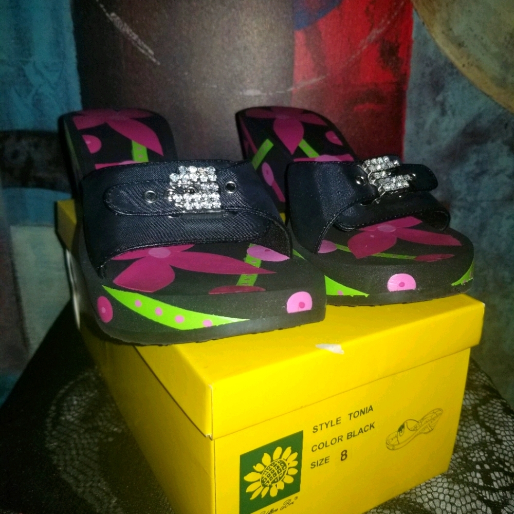 Yellow box slip on wedge sandals
